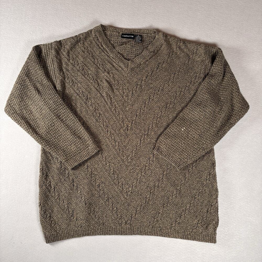 Claiborne Men's XL Olive Cable Knit V-Neck Sweater Long Sleeve